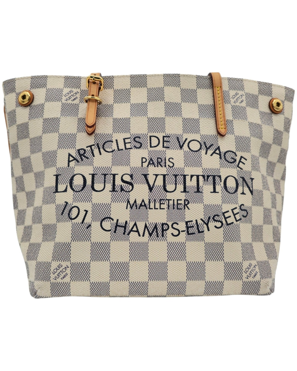 Louis Vuitton Cabas Adventure PM Tote Bag Damier Azur Louis VuittonCabas Adventure PM Tote Bag Damier AzurLouis Vuitton LV Cabas Adventure PM Tote Bag Damier Azur in white with leather strap Articles de voyage paris 101, champs - elysees close up 4k HDForgotten Luxuries Forgotten Luxuries