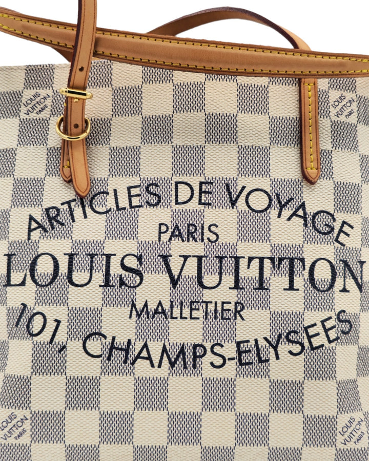 Louis Vuitton Cabas Adventure PM Tote Bag Damier Azur Louis VuittonCabas Adventure PM Tote Bag Damier AzurLouis Vuitton LV Cabas Adventure PM Tote Bag Damier Azur in white with leather strap Articles de voyage paris 101, champs - elysees close up 4k HDForgotten Luxuries Forgotten Luxuries