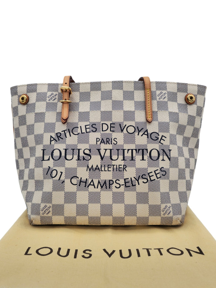 Louis Vuitton Cabas Adventure PM Tote Bag Damier Azur Louis VuittonCabas Adventure PM Tote Bag Damier AzurLouis Vuitton LV Cabas Adventure PM Tote Bag Damier Azur in white with leather strap Articles de voyage paris 101, champs - elysees close up 4k HDForgotten Luxuries Forgotten Luxuries