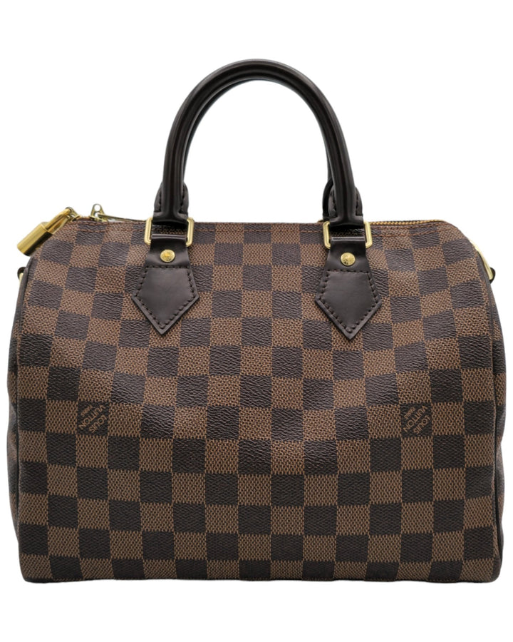 Louis Vuitton Damier Ebene Speedy Bandouliere 25 Louis VuittonDamier Ebene Speedy Bandouliere 25Louis Vuitton LV Damier Ebene Speedy Bandouliere 25 bag brown canvas leather with gold hardware side profileForgotten Luxuries Forgotten Luxuries