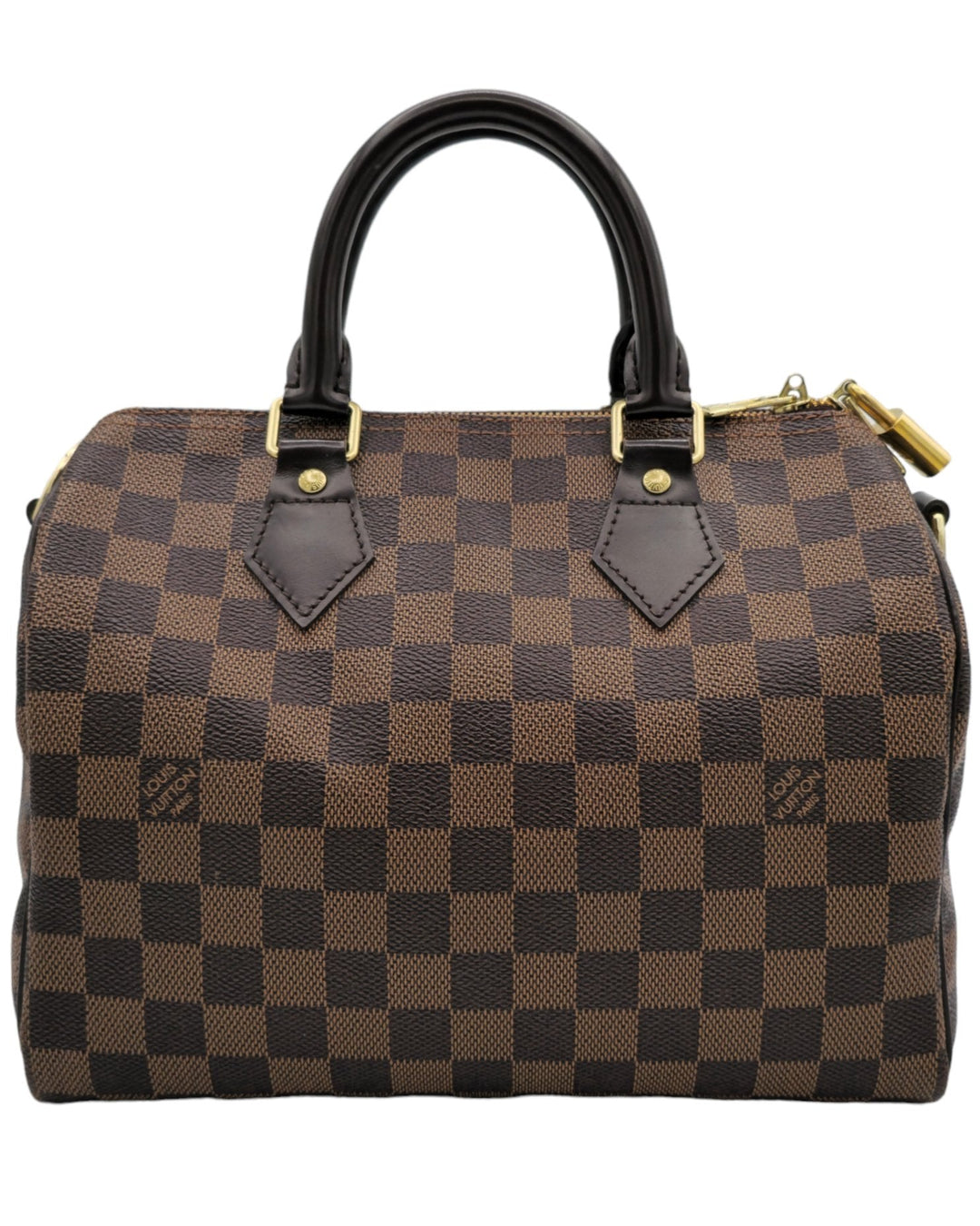 Louis Vuitton Damier Ebene Speedy Bandouliere 25 Louis VuittonDamier Ebene Speedy Bandouliere 25Louis Vuitton LV Damier Ebene Speedy Bandouliere 25 bag brown canvas leather with gold hardware side profileForgotten Luxuries Forgotten Luxuries