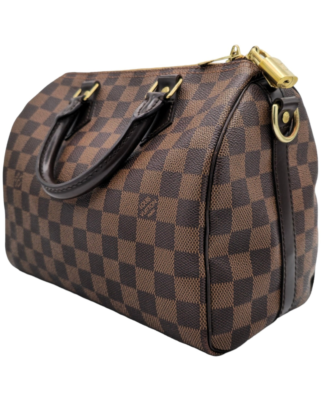 Louis Vuitton Damier Ebene Speedy Bandouliere 25 Louis VuittonDamier Ebene Speedy Bandouliere 25Louis Vuitton LV Damier Ebene Speedy Bandouliere 25 bag brown canvas leather with gold hardware side profileForgotten Luxuries Forgotten Luxuries